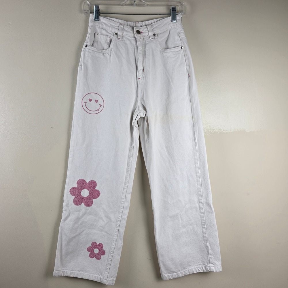 Nuon Womens White Wide Leg Jeans Pink Smiley Face Flower High Rise Size 26